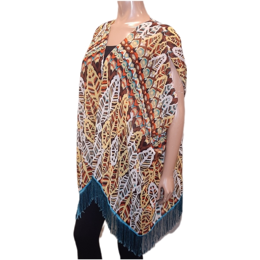 D8Y Sheer Fringed Scarf Wrap Colorful Western Aztec Print Kimono Cover Up